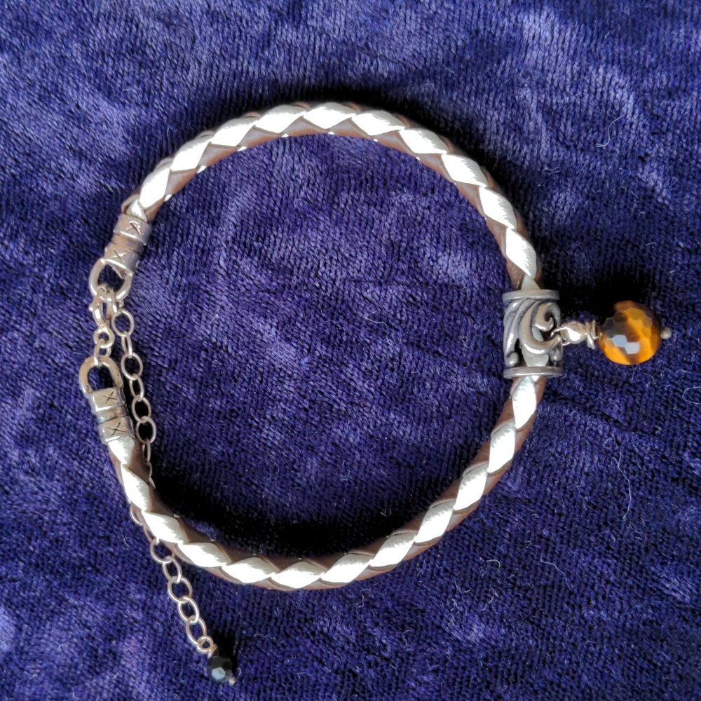 925 sterling silver handmade bracelet, genuine woven leather, natural Tiger Eye
